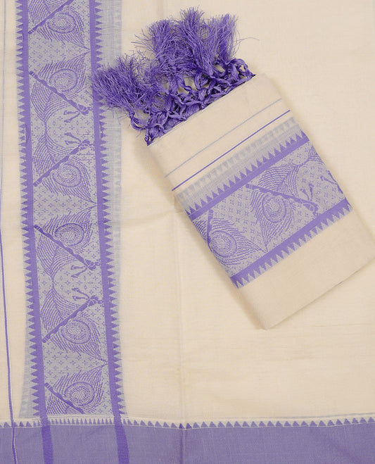 Off white colour cotton  Set Mund featuring a plain body, enhanced by a lavender traditional woven border with peacock motifs.