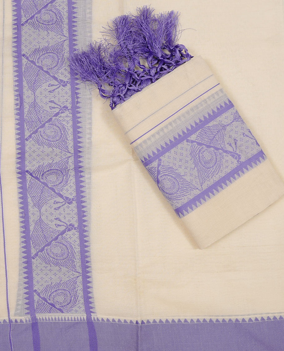 Off white colour cotton  Set Mund featuring a plain body, enhanced by a lavender traditional woven border with peacock motifs.