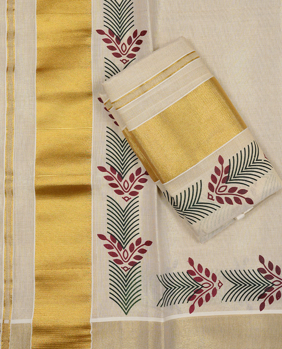 Cream colour Tissue silk set mund Featuring Elegant plain body, Complemented by design print with zari border.