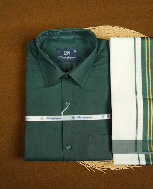 Dark green Colour shirt paired with a matching dhoti, finished with a dark green and gold border.