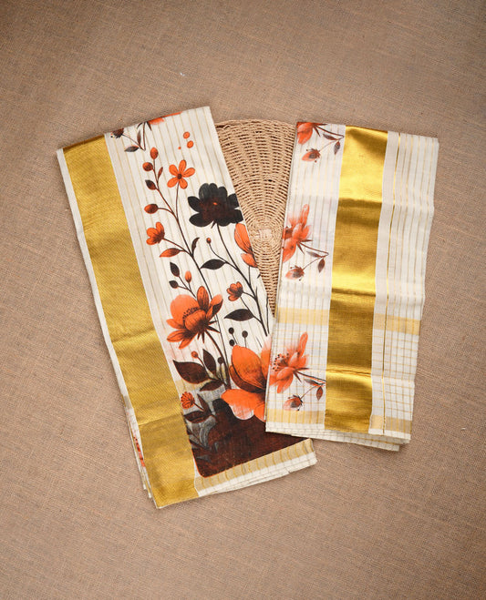 Cream colour cotton set mundu highlighting gold zari stripes border with floral print.