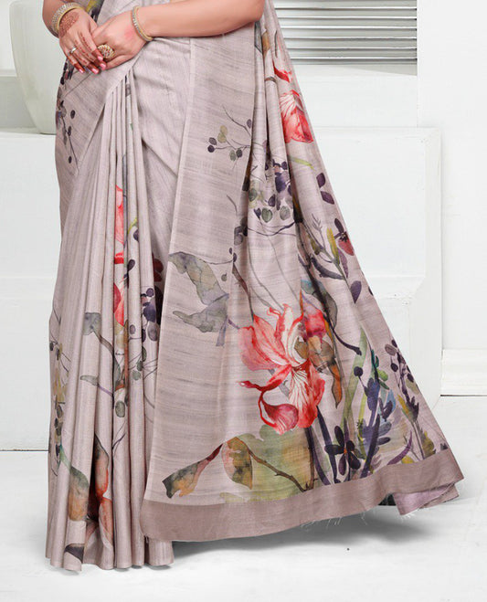 Pastel Onion colour Semi linen saree featuring vibrant multicolour floral digital prints on body and pallu, paired with a matching blouse.