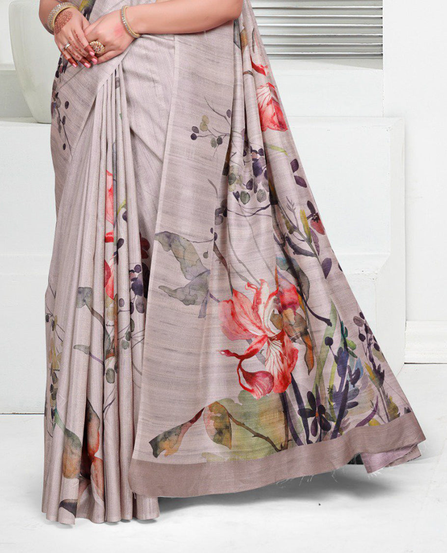 Pastel Onion colour Semi linen saree featuring vibrant multicolour floral digital prints on body and pallu, paired with a matching blouse.