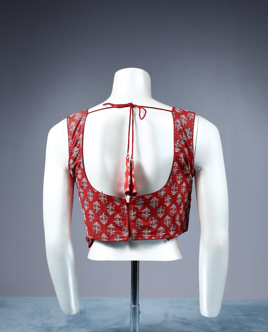 Dark Red Colour Floral Block Print, Deep Neck, Attachable Sleeves, Padded, Ready Made Blouse.