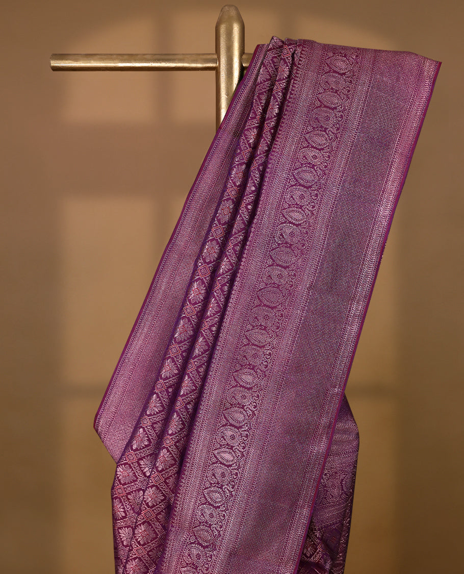 Grape Wine Colour Kancheepuram Wedding Silk Saree having Silver Zari Work in Body with Border and Brocade Blouse