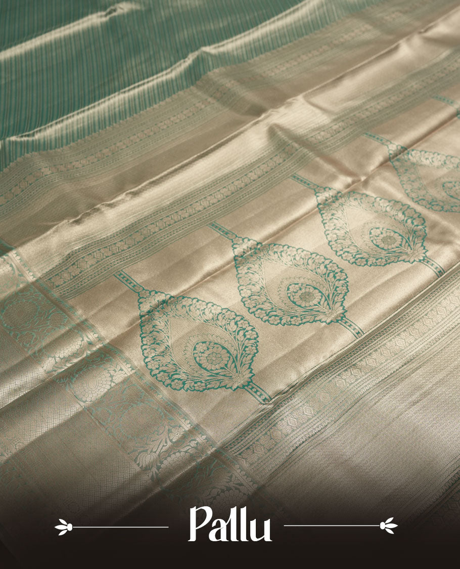 Light Green Tissue Brocade Saree with Silver Zari, Beautiful Floral Designs on Pallu, Ornate Border Patterns, Lightweight & Elegant with Matching Blouse