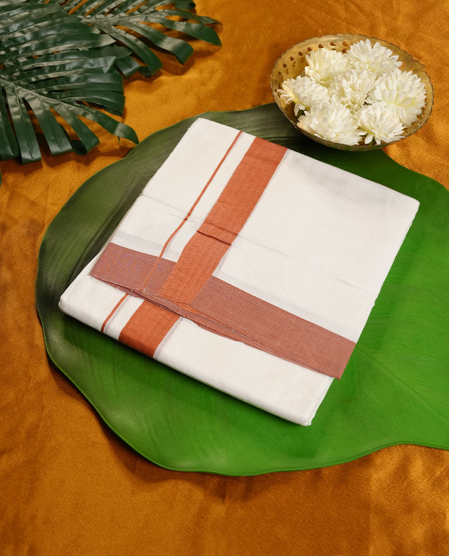 White Colour RAMRAJ Pure Cotton double Dhoti with Brown Colour Border for Men