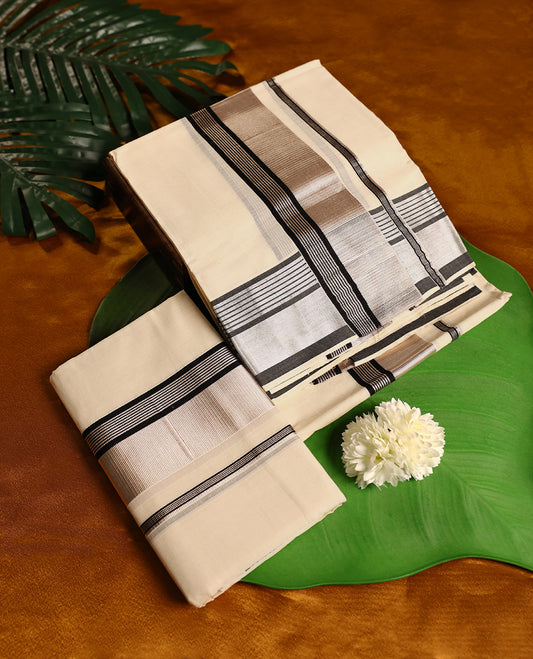 Off white colour cotton SET MUNDU featuring a plain body, complemented by a black and silver toned Bold border( 2.00/2.80 MTS).