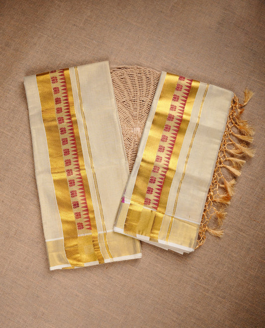 Light gold tissue set mundu highlighting gold zari border with maroon temple & lotus print.