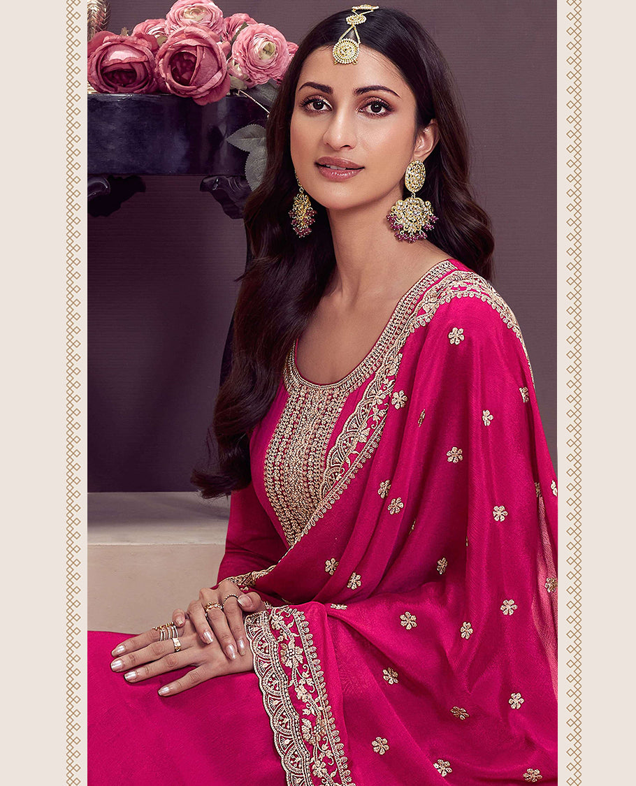 Rani Pink, thread-embroidered Chinon Anarkali suits with handwork, paired with matching dupattas and Santoon bottoms