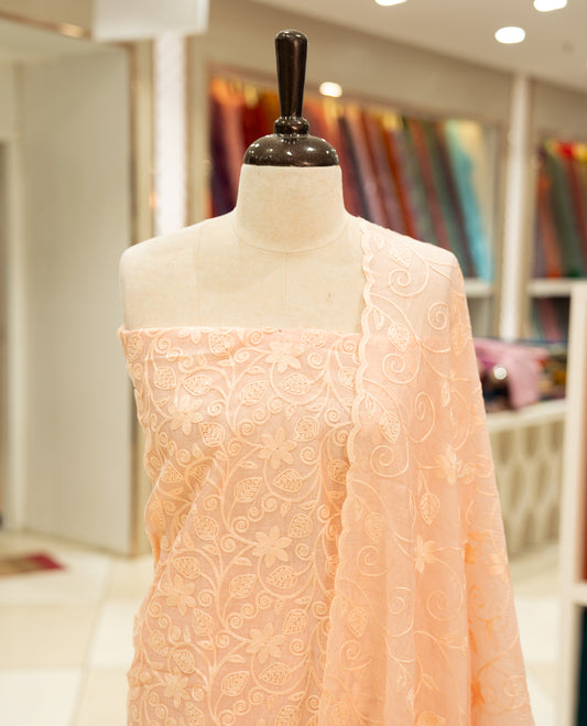 Pink colour Mul chanderi Salwar material featuring Floral Paisley Inspired Chikankari work on body, associate with same material dupatta with Scallop border & santoon bottom, comes with lining.