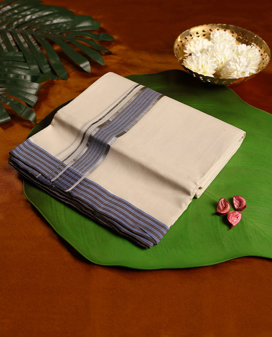 Off white pure handloom double dhoti featuring a light blue kara with fine line patterns, crafted with traditional weaving for lasting comfort and elegance, perfect for rituals, temple wear, and festive occasions