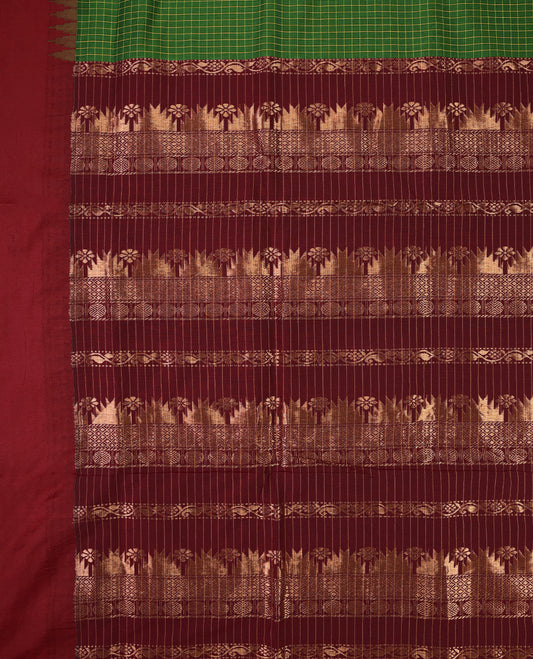 Grass Green colour mixed Kalyani cotton saree featuring mustard colour Checks throughout the body, paired with a Maroon colour traditional border and pallu, with matching blouse