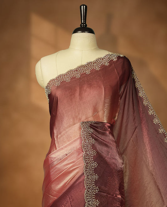 Chocolate Brown Colour shimmer fancy saree adorned  body, paired with a delicate with scattered gold stone worked border and matching blouse