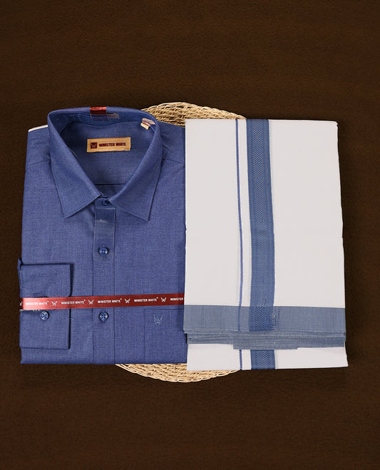 Rich blue Full Sleeve shirt and matching white dhoti featuring a contrasting blue border with subtle texture crafted for a refined and traditional look suitable for all occasions