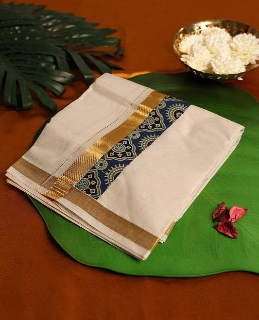 Light ivory Colour cotton double dhoti having Gold with Blue Ajrakh kara, crafted for traditional elegance & comfort, for men.