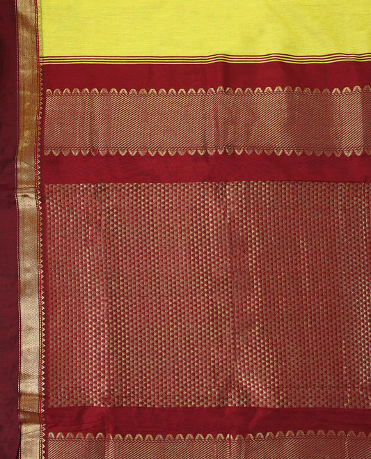 Lemon Green colour mixed Kalyani cotton saree featuring Plain body, paired with Pure Maroon colour traditional border and pallu, with matching blouse