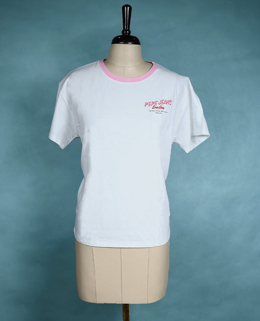White T shirt with a pink crew neckline, short sleeves, and a front chest print for a casual look.
