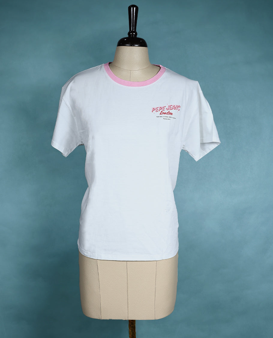 White T shirt with a pink crew neckline, short sleeves, and a front chest print for a casual look.