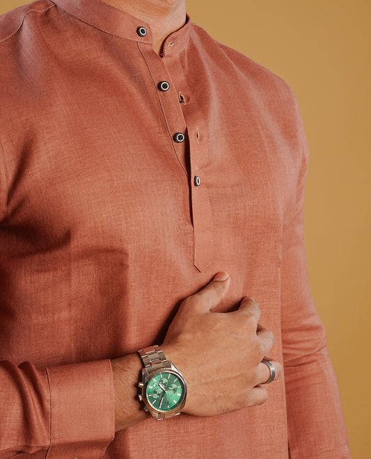 Brown colour men's kurta featuring elegant Print on the body, complemented by sleeves for a refined and festive look.