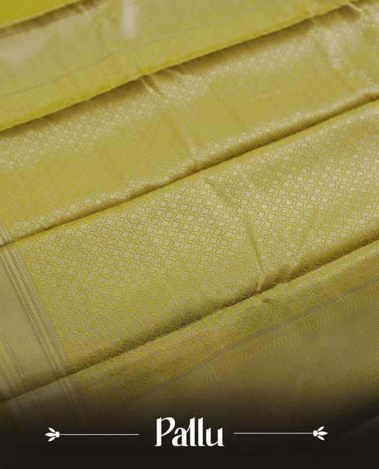 Olive colour semi silk saree featuring neem zari Brocade geometric Pattern all over the body, complemented by a Self Colour woven border with detailing, Pallu & blouse.