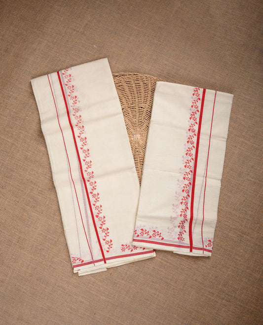 Cream colour cotton  set mundu highlighting red colour border with floral  print.