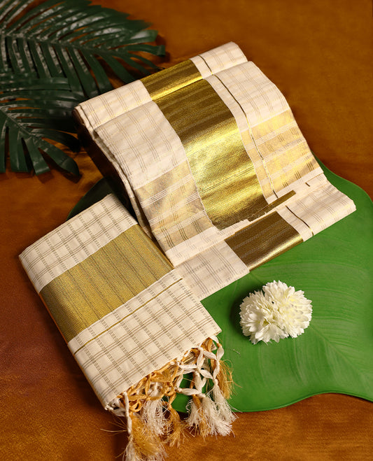 Off white colour cotton SET MUNDU featuring gold zari checked body, complemented by a bold gold toned border ( 2.00/2.80 MTS).