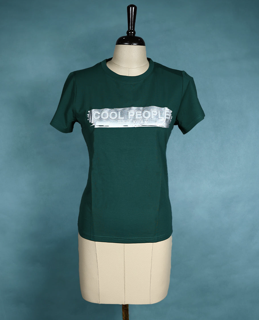 Dark green colour T shirt featuring short sleeves, a round neck, and a silver metallic print on the chest for a trendy casual vibe