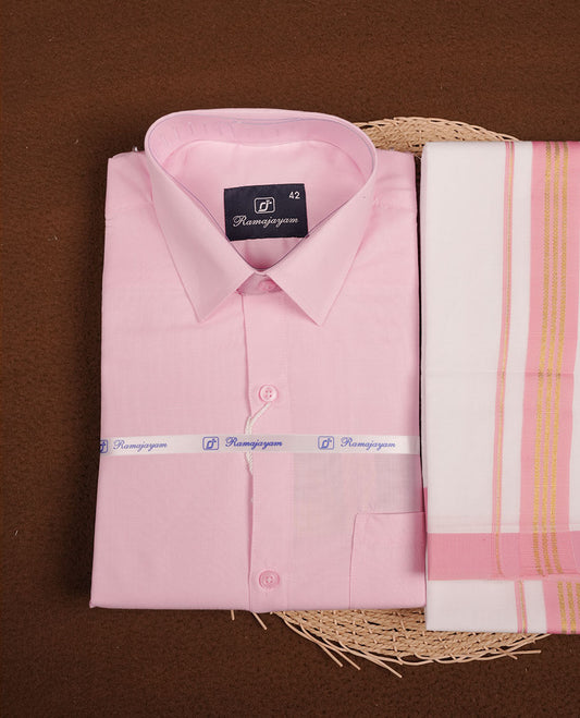 Light Pink Colour shirt paired with a matching dhoti, finished with a peach and gold border.