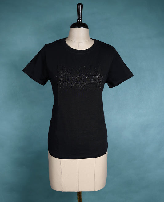 Black short sleeve T shirt featuring a round neck and a slim fit, crafted from soft fabric with a rhinestone logo detail for a modern, stylish look.