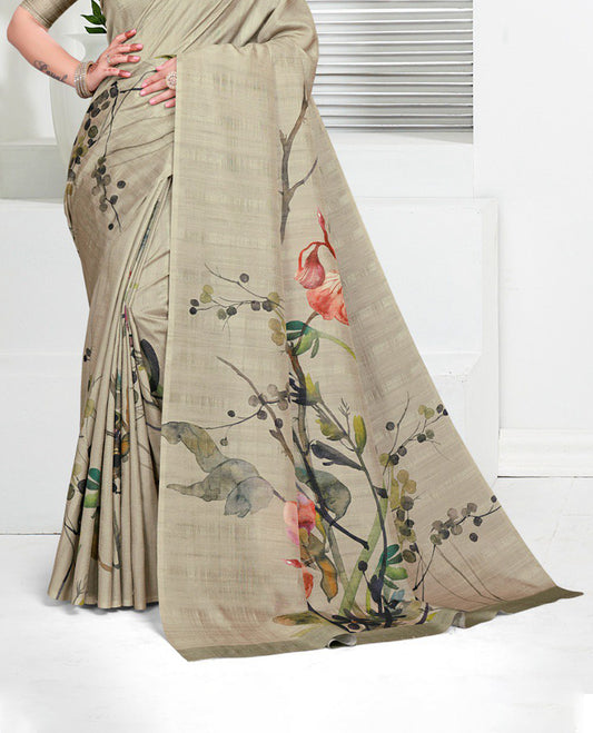 Grey colour Semi linen saree featuring vibrant multicolour floral digital prints on body and pallu, paired with a matching blouse.