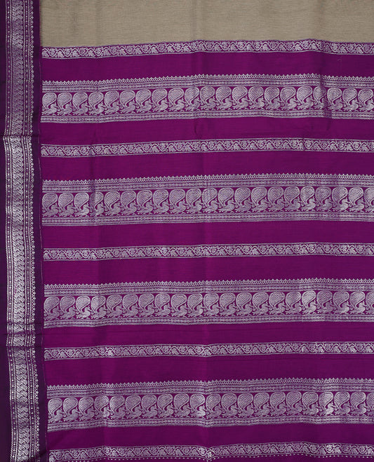 Grey colour mixed Kalyani cotton saree featuring Plain body, paired with a purple colour traditional border and pallu, with matching blouse