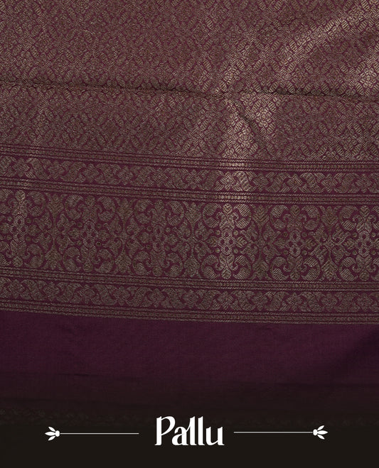 Wine Colour Semi Banarasi Katan Silk Saree with Gold Zari Buti Motifs, Traditional Gold Floral Pallu, Elaborate Woven Border, Decorative Tassels with Matching Blouse