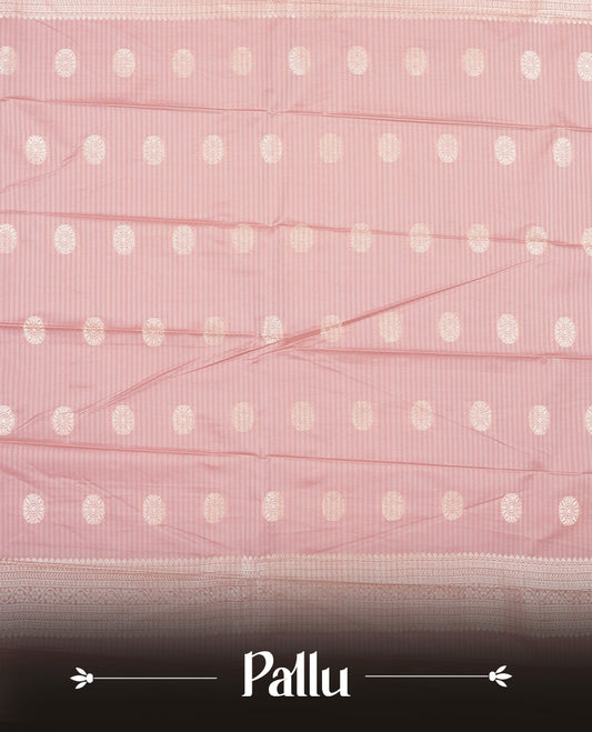 Dusty pink colour Semi Silk Saree with silver zari striped patterns on the body, paired with a Self coloured traditional pallu and border, and a matching blouse piece.