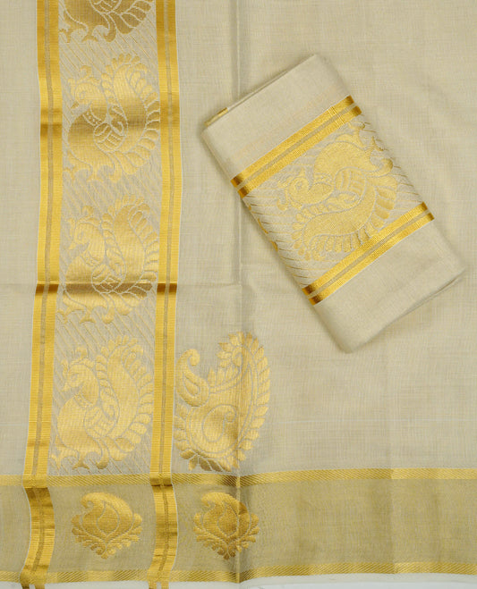 Cream Colour tissue set mundu featuring a plain body, enhanced with elegant Peacock Design on the gold zari kara.