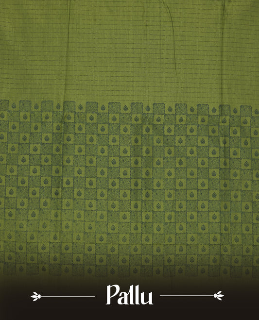 Green colour poly cotton saree with black vertical dotted line pattern on the body, paired with a matching pallu featuring black zigzag geometric border, and a coordinated all‑over black stylised fleur‑de‑lis printed blouse piece.