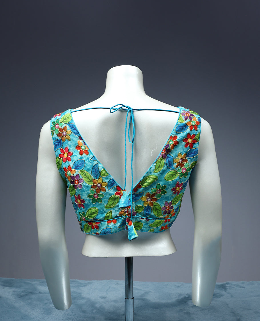 Light Blue Colour, Contrast Colour Floral Thread Work, V neck, Attachable Sleeves, Padded, Ready Made Blouse.