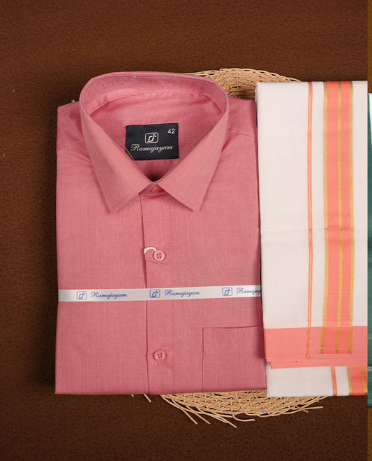 Georgia peach Colour shirt paired with a matching dhoti, finished with a peach and gold border.