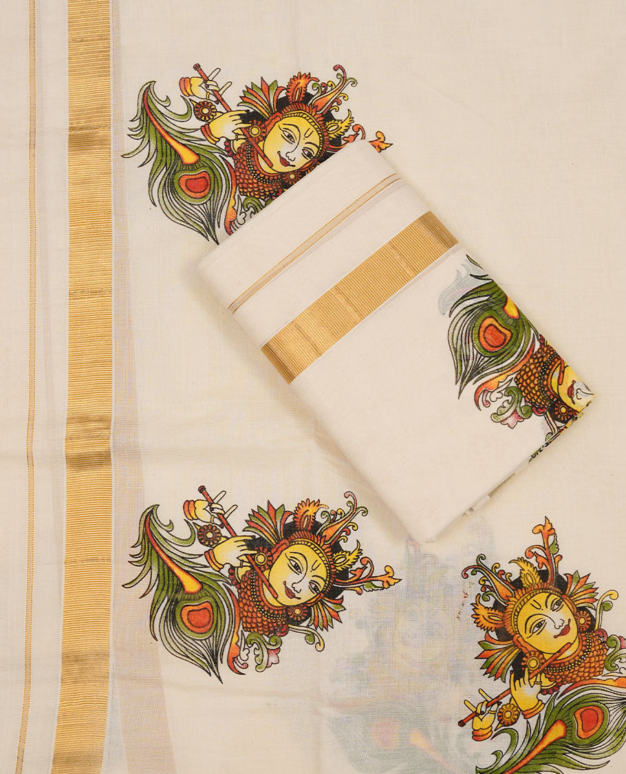 Off white colour Cotton Set Mund featuring a plain body, enhanced by a gold zari border with a traditional Kathakali printed motif.
