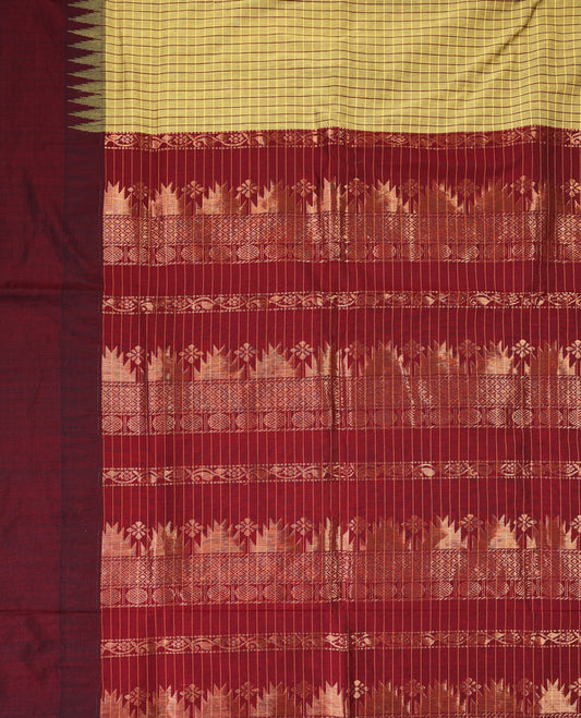 Antique Gold colour mixed Kalyani cotton saree featuring Mustard & Maroon checks throughout the body, paired with a maroon colour traditional border and pallu, with matching blouse