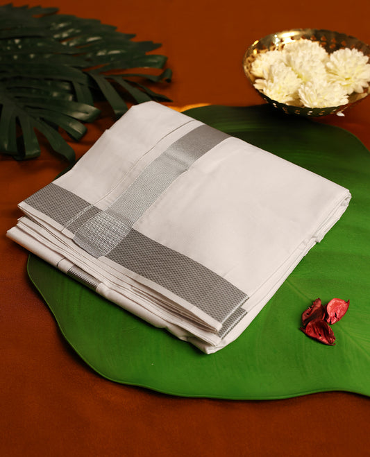 Light ivory Colour cotton single dhoti with 1.5 Inch Silver kara, crafted for traditional elegance & comfort, for men.