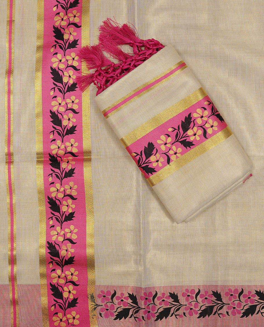 Golden colour Tissue silk set mundu features a plain body accented by a Floral Kodi print on Pink & gold zari border.