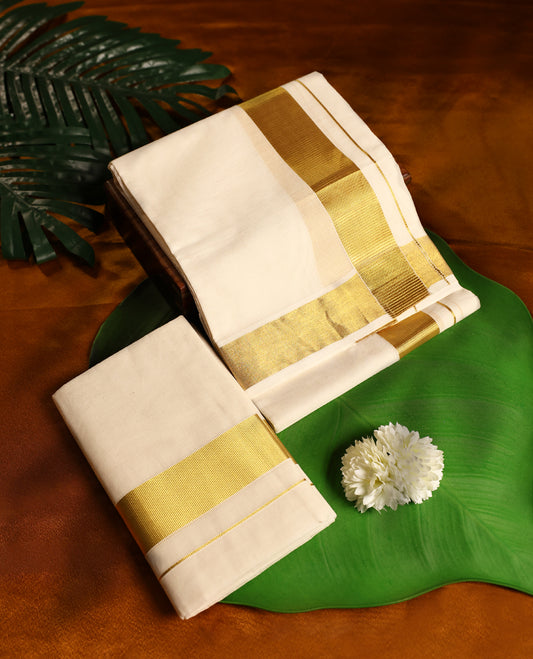 Off white colour cotton SET MUNDU featuring plain body, complemented by a gold zari 2 Inch Bold border( 2.00/2.80 MTS).