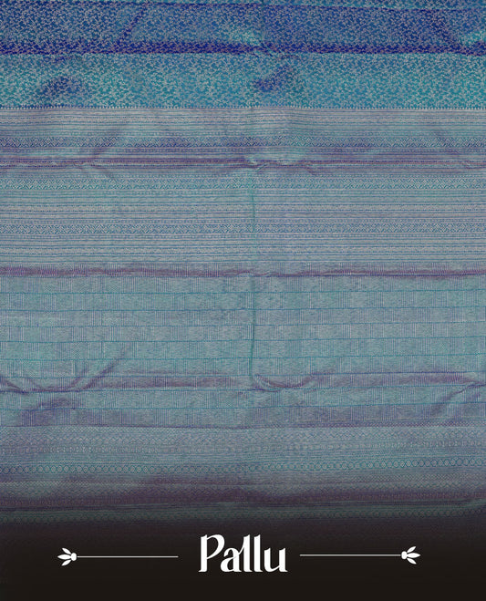 Peacock blue colour Kanchipuram pattern Manthrakodi saree featuring geometrical design antique copper zari floral pencil art jacquard design across the body, traditional mango & diamond designs on border, and self zari blouse piece.