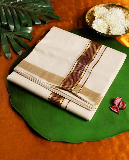 Elegant off white pure handloom cotton double dhoti featuring a rich maroon and golden zari border, showcasing traditional craftsmanship, ideal for weddings, festive occasions, and cultural celebrations.