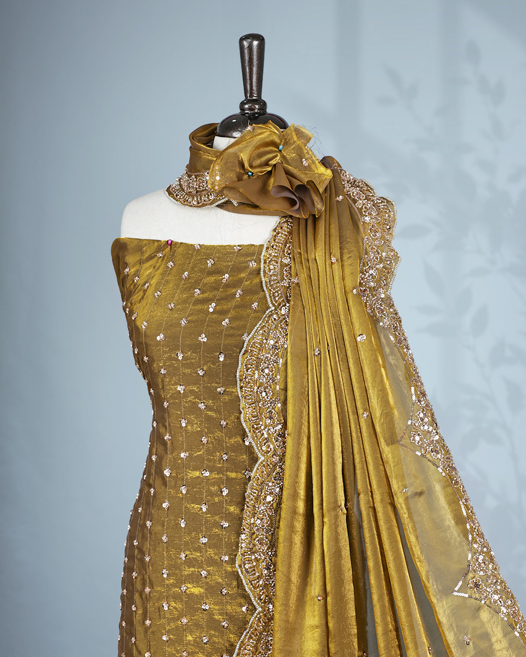 Olive colour salwar material with Cut beats & sequins work on body, Matching Bottom & dupatta.