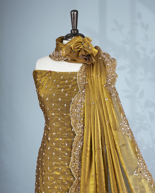 Olive colour salwar material with Cut beats & sequins work on body, Matching Bottom & dupatta.