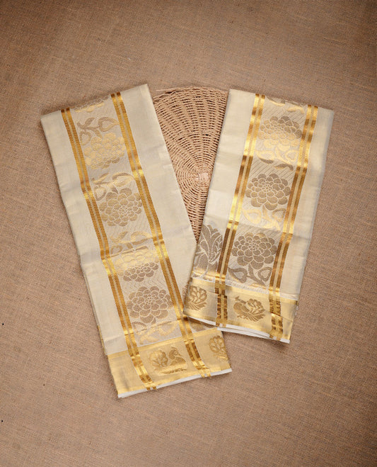 Light Gold colour tissue set mundu highlighting gold zari Floral pattern on traditional border