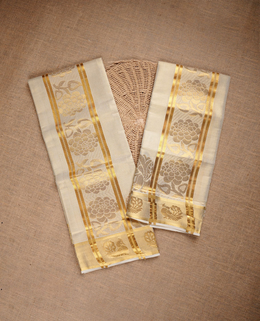 Light Gold colour tissue set mundu highlighting gold zari Floral pattern on traditional border