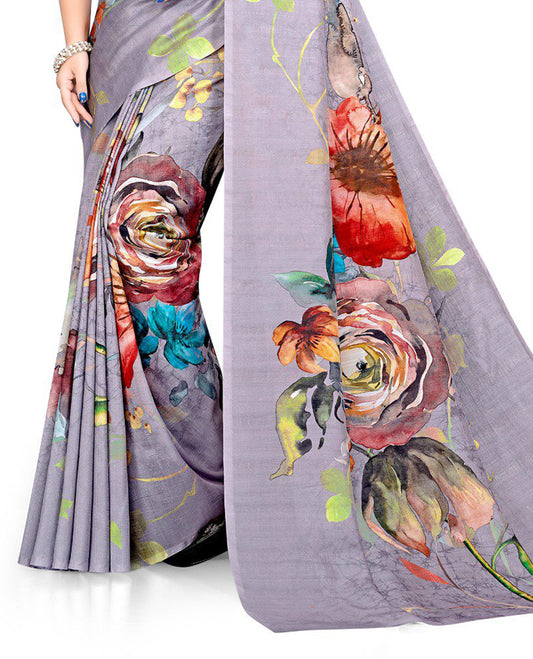 Pastel violet colour Semi linen saree featuring vibrant multicolour floral digital prints on body and pallu, paired with a matching blouse.